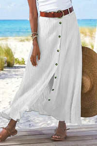 Freya | Women's High-Waist Button-Front Crinkle Linen-Look Maxi Skirt