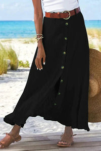 Freya | Women's High-Waist Button-Front Crinkle Linen-Look Maxi Skirt