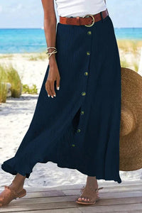 Freya | Women's High-Waist Button-Front Crinkle Linen-Look Maxi Skirt