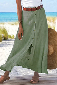 Freya | Women's High-Waist Button-Front Crinkle Linen-Look Maxi Skirt