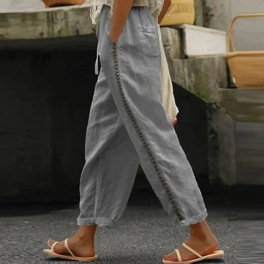 Phoebe | Women's High-Waist Tapered Linen-Look Button-Detail Trousers