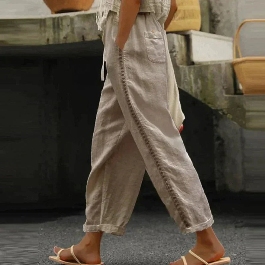 Phoebe | Women's High-Waist Tapered Linen-Look Button-Detail Trousers
