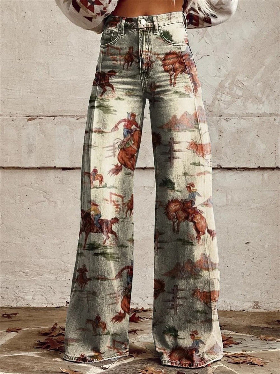 Sienna | Women's High-Waist Western Print Wide-Leg Denim Trousers