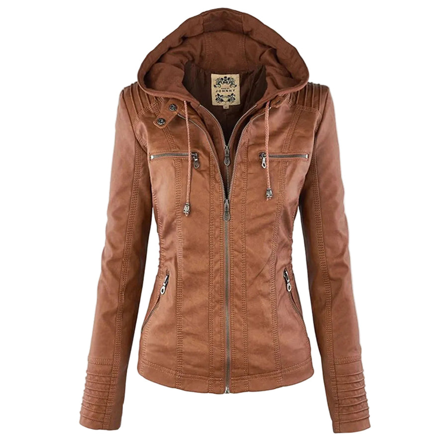 Women's Hooded Zip-Front Jacket with Multiple Zip Pockets and Drawstring Hood