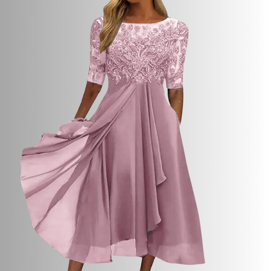 Rosie | Women's Lace Bodice Chiffon Midi Formal Dresses Half Sleeve