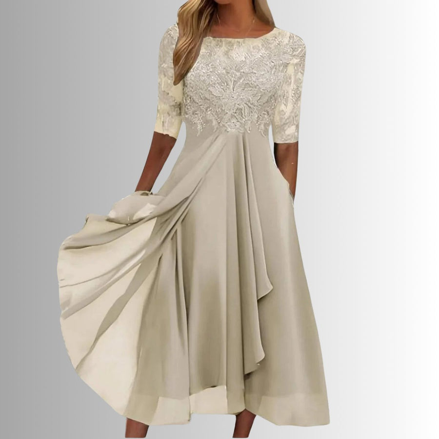 Rosie | Women's Lace Bodice Chiffon Midi Formal Dresses Half Sleeve