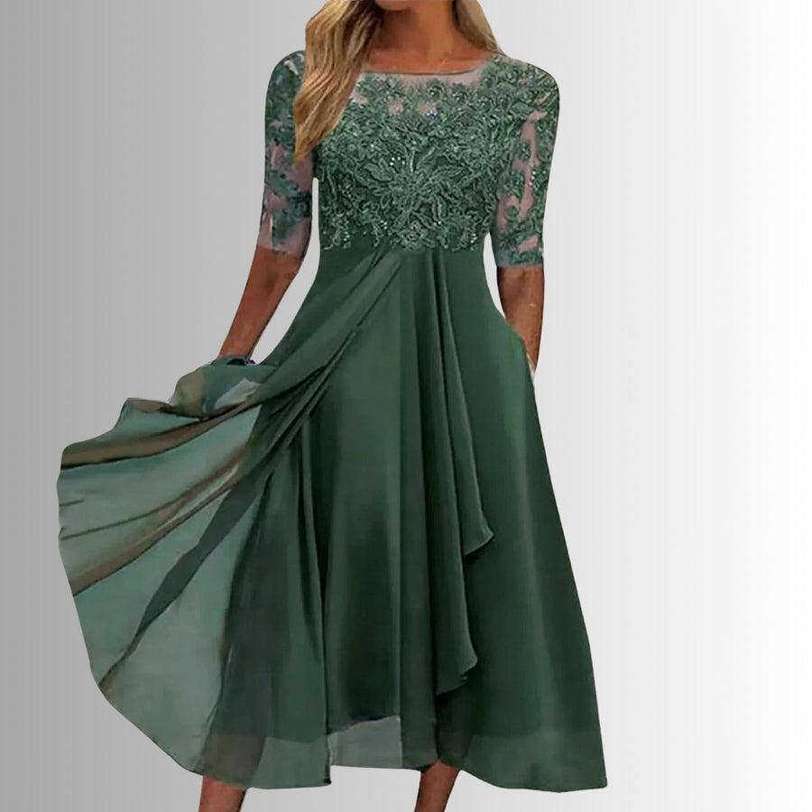 Rosie | Women's Lace Bodice Chiffon Midi Formal Dresses Half Sleeve