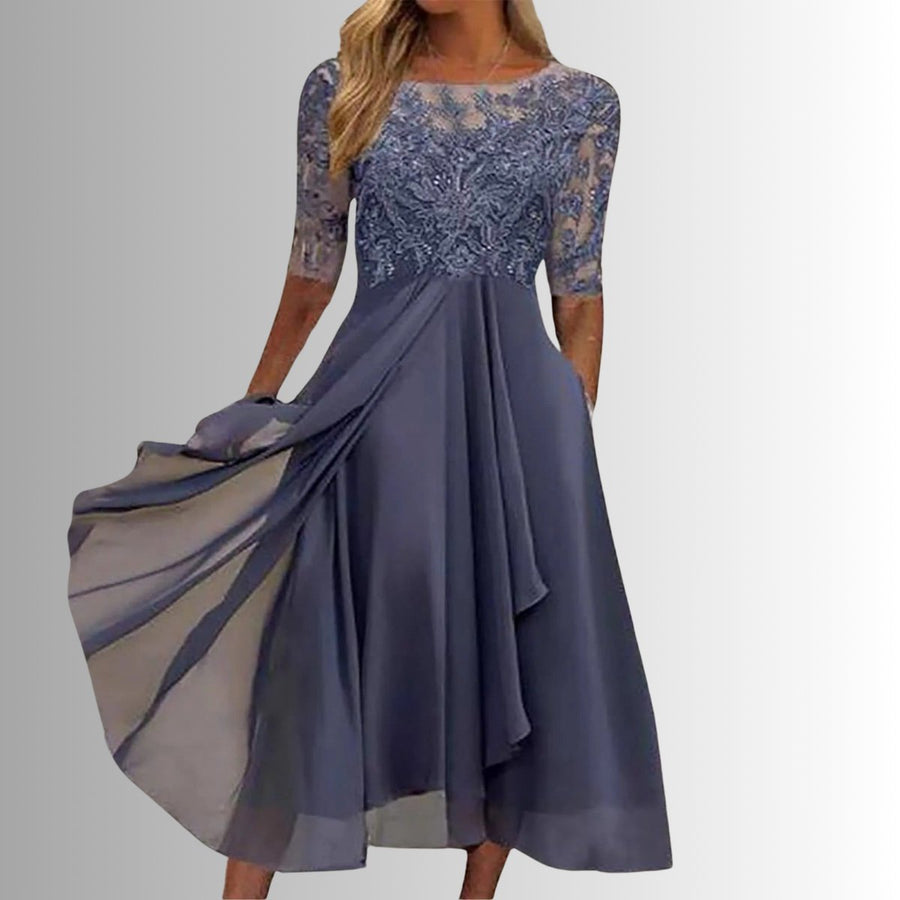 Rosie | Women's Lace Bodice Chiffon Midi Formal Dresses Half Sleeve