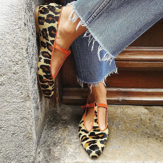 Phoebe | Women's Leopard Print Pointed-Toe T-Strap Flats