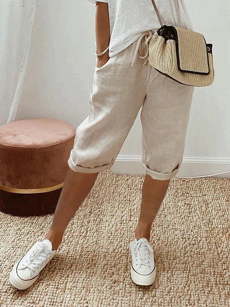 Mia | Women's Linen Drawstring Cropped Bermuda Shorts