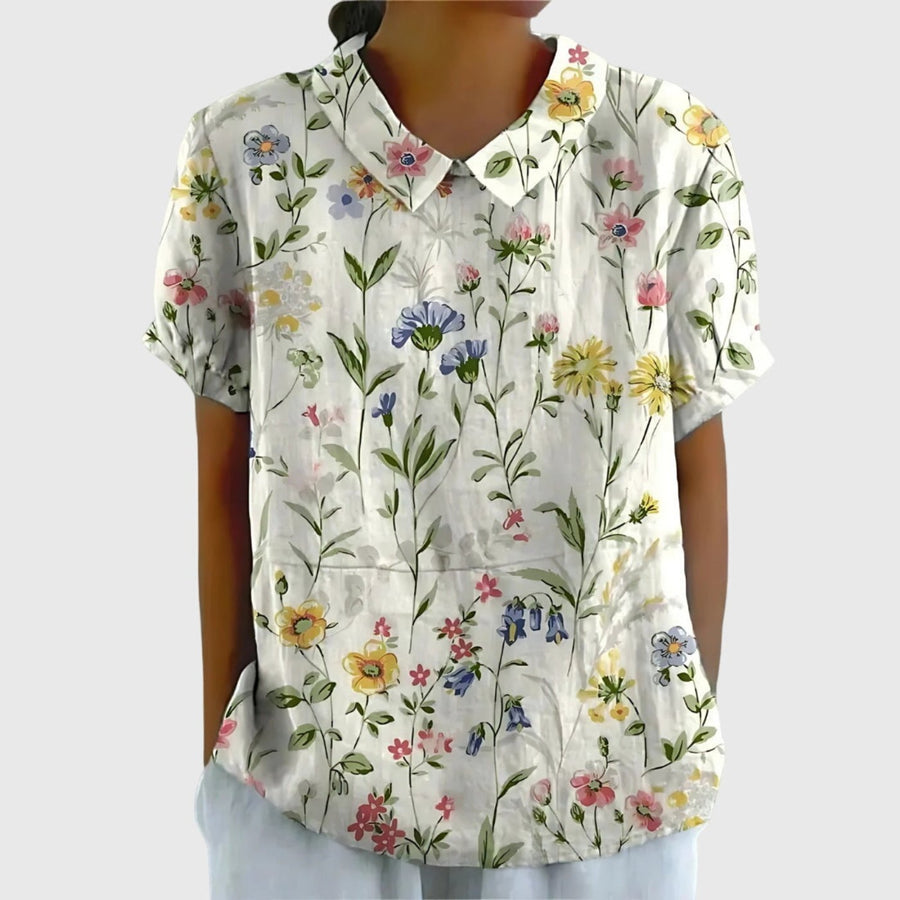 Camila | Women's Linen Floral Print Short Sleeve Peter Pan Collar Blouse