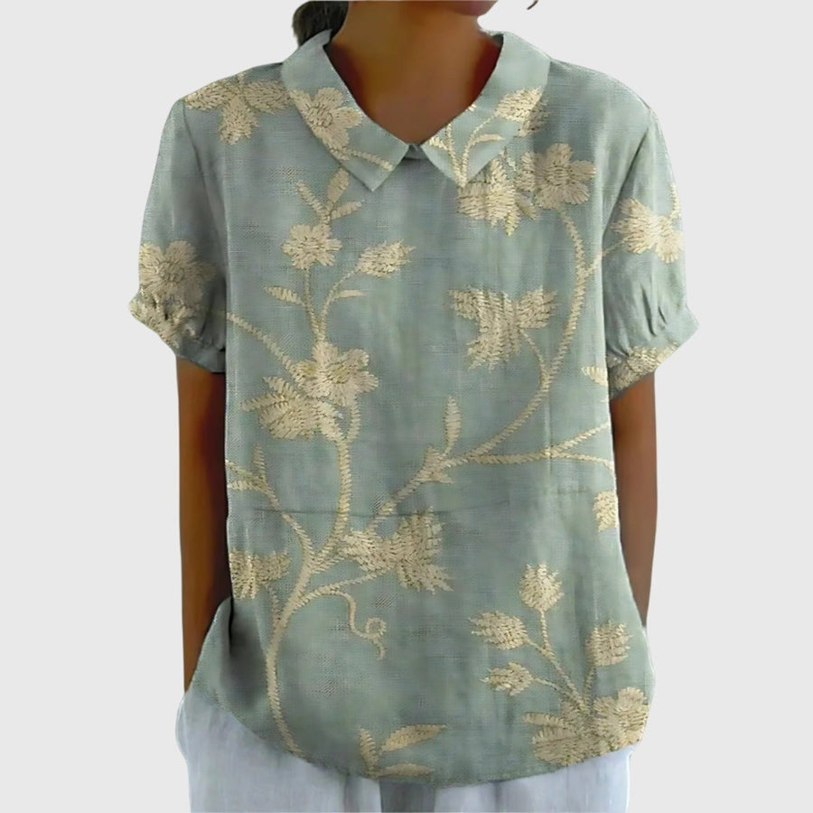 Camila | Women's Linen Floral Print Short Sleeve Peter Pan Collar Blouse