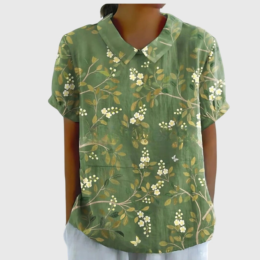 Camila | Women's Linen Floral Print Short Sleeve Peter Pan Collar Blouse