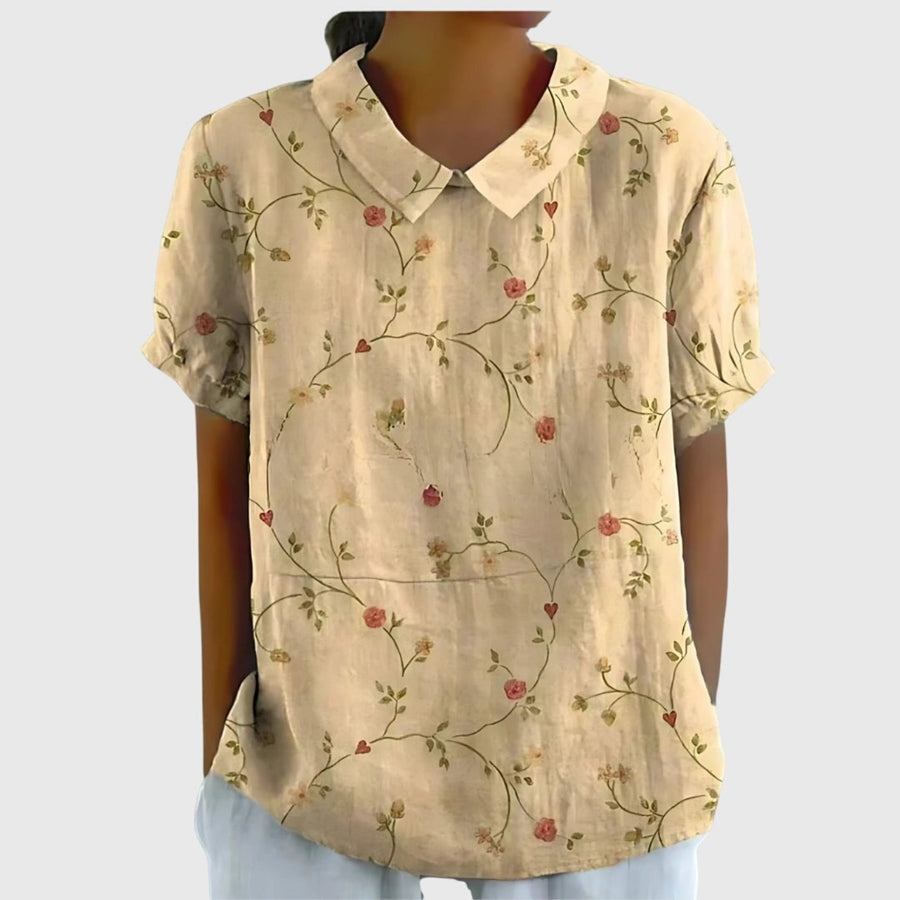 Camila | Women's Linen Floral Print Short Sleeve Peter Pan Collar Blouse