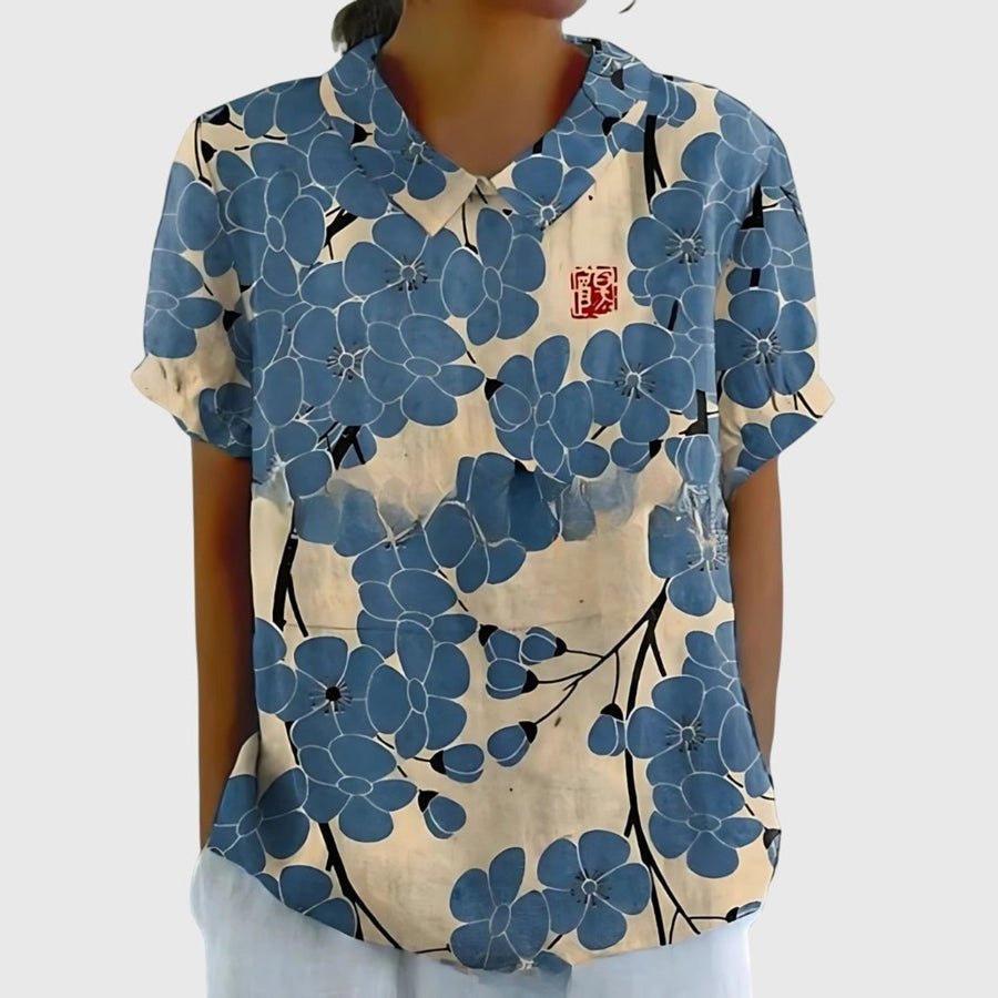 Camila | Women's Linen Floral Print Short Sleeve Peter Pan Collar Blouse