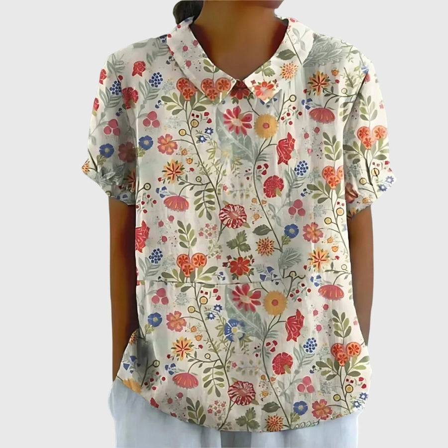Camila | Women's Linen Floral Print Short Sleeve Peter Pan Collar Blouse