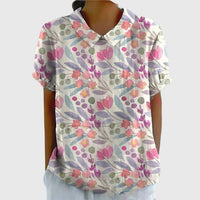 Camila | Women's Linen Floral Print Short Sleeve Peter Pan Collar Blouse