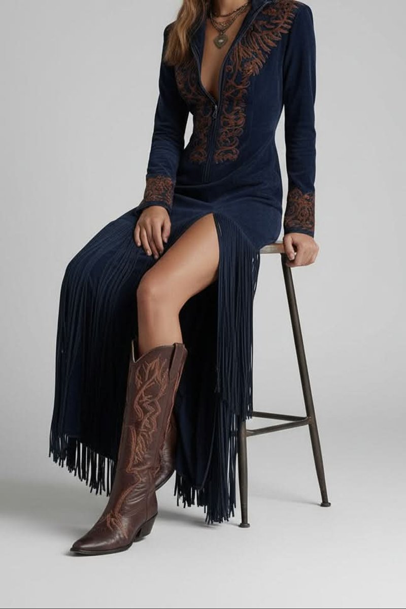 Eleanor | Women's Long-Sleeve Fringe Embroidered Western Evening Gown Maxi Dress