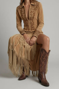 Eleanor | Women's Long-Sleeve Fringe Embroidered Western Evening Gown Maxi Dress