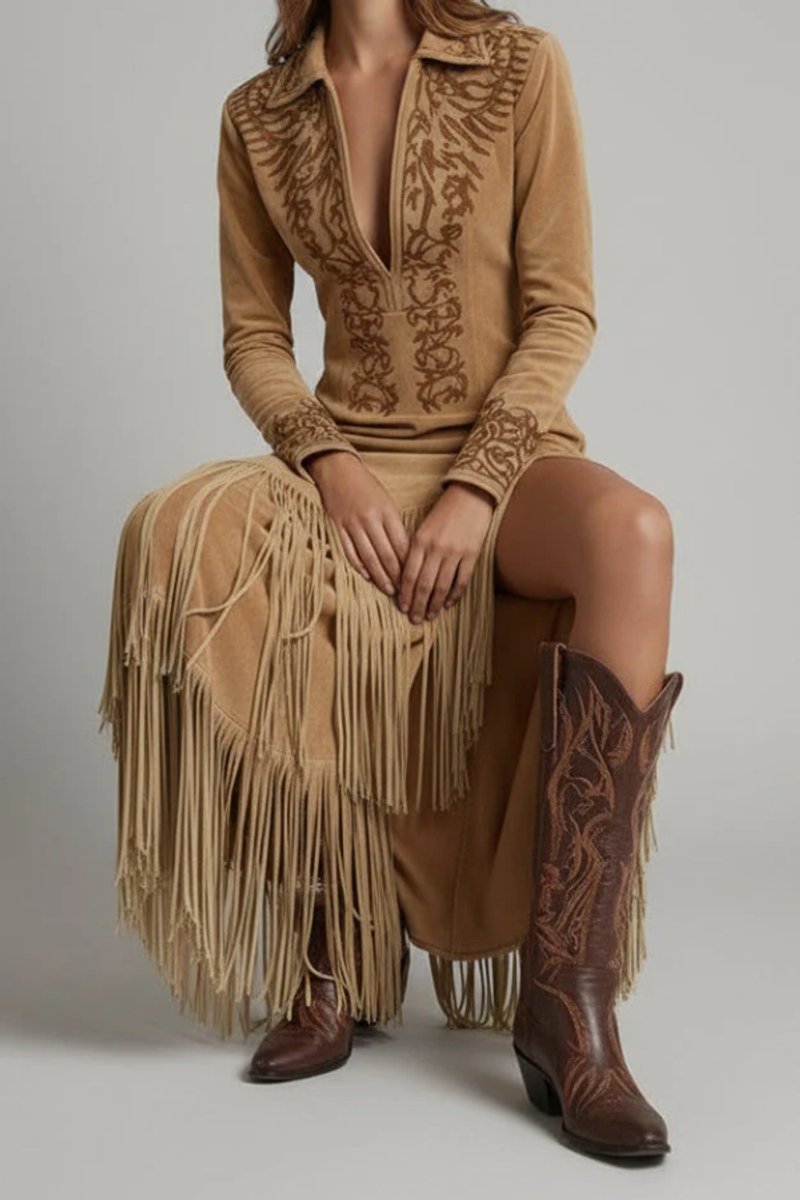 Eleanor | Women's Long-Sleeve Fringe Embroidered Western Evening Gown Maxi Dress