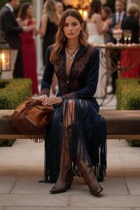 Eleanor | Women's Long-Sleeve Fringe Embroidered Western Evening Gown Maxi Dress