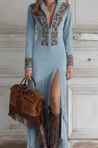 Eleanor | Women's Long-Sleeve Fringe Embroidered Western Evening Gown Maxi Dress