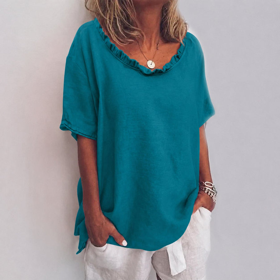 Freya | Women's Loose-Fit Frill-Neck Short-Sleeve Linen Blouse