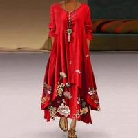Eleanor | Women's Loose Floral Hem Long Sleeve Round Neck Maxi Dress