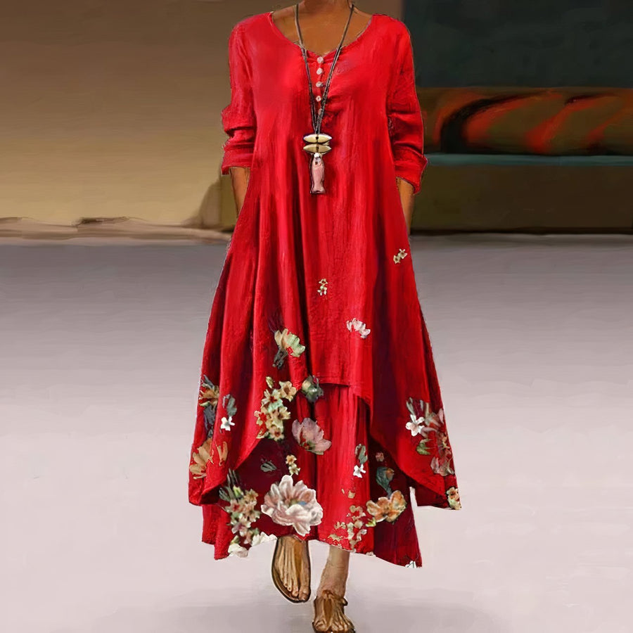 Eleanor | Women's Loose Floral Hem Long Sleeve Round Neck Maxi Dress