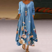 Eleanor | Women's Loose Floral Hem Long Sleeve Round Neck Maxi Dress