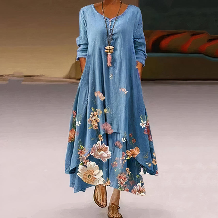 Eleanor | Women's Loose Floral Hem Long Sleeve Round Neck Maxi Dress