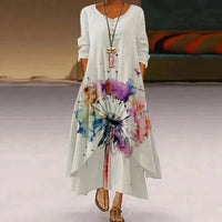 Eleanor | Women's Loose Floral Hem Long Sleeve Round Neck Maxi Dress