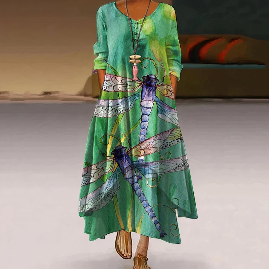Eleanor | Women's Loose Floral Hem Long Sleeve Round Neck Maxi Dress