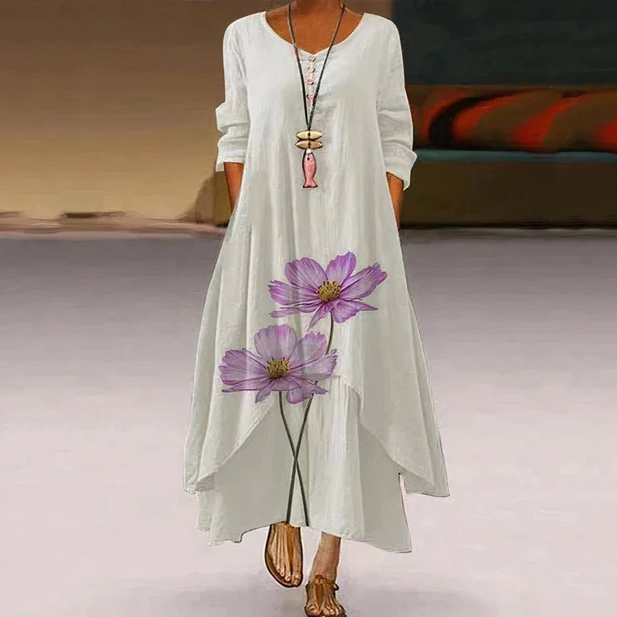 Eleanor | Women's Loose Floral Hem Long Sleeve Round Neck Maxi Dress