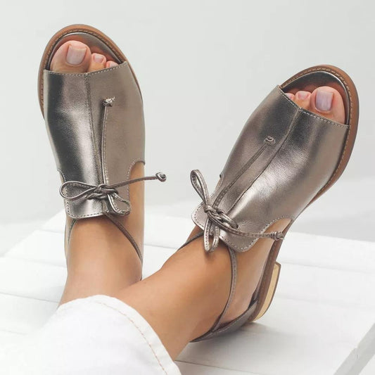 Rosie | Women's Metallic Open-Toe Bow-Tie Strap Flat Sandals