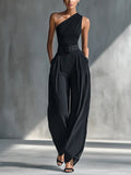 Phoebe | Women's One-Shoulder Knit Wide-Leg Trouser Set