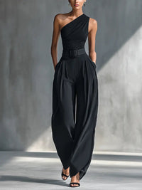 Phoebe | Women's One-Shoulder Knit Wide-Leg Trouser Set