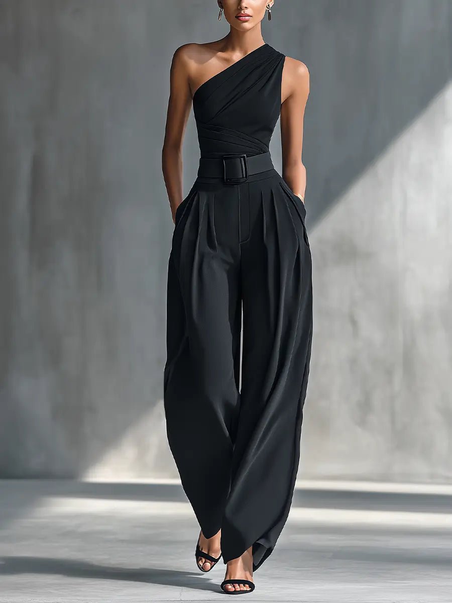 Phoebe | Women's One-Shoulder Knit Wide-Leg Trouser Set