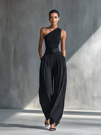 Phoebe | Women's One-Shoulder Knit Wide-Leg Trouser Set