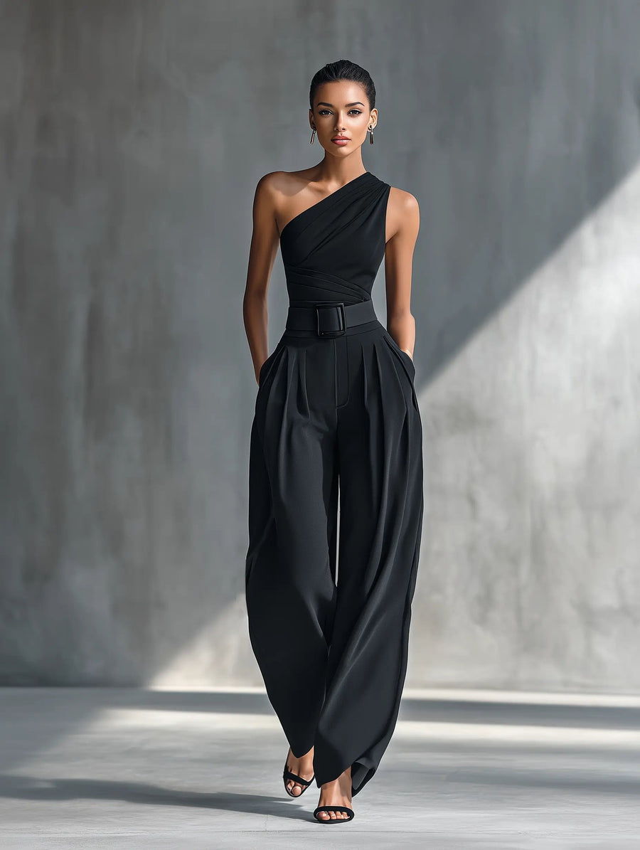 Phoebe | Women's One-Shoulder Knit Wide-Leg Trouser Set