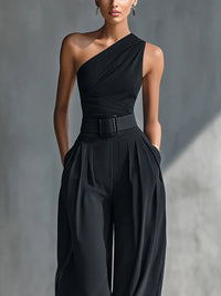 Phoebe | Women's One-Shoulder Knit Wide-Leg Trouser Set