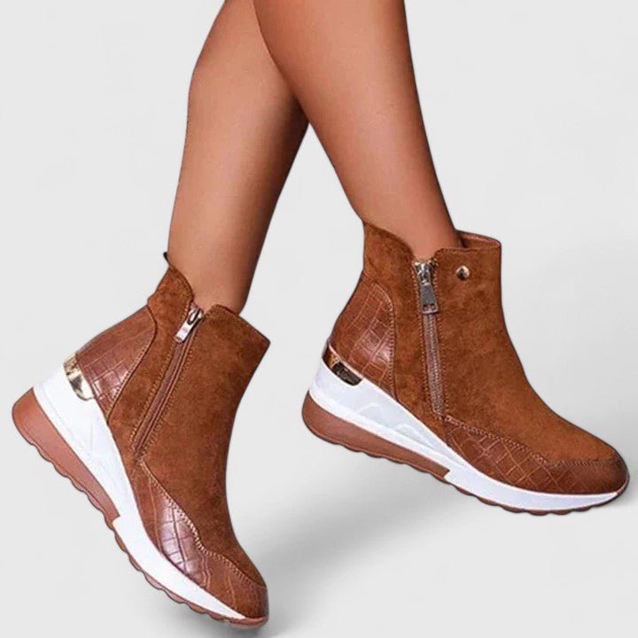 Mia | Women's Wedge Ankle Boots Zip-Up Croc-Panel Trainers