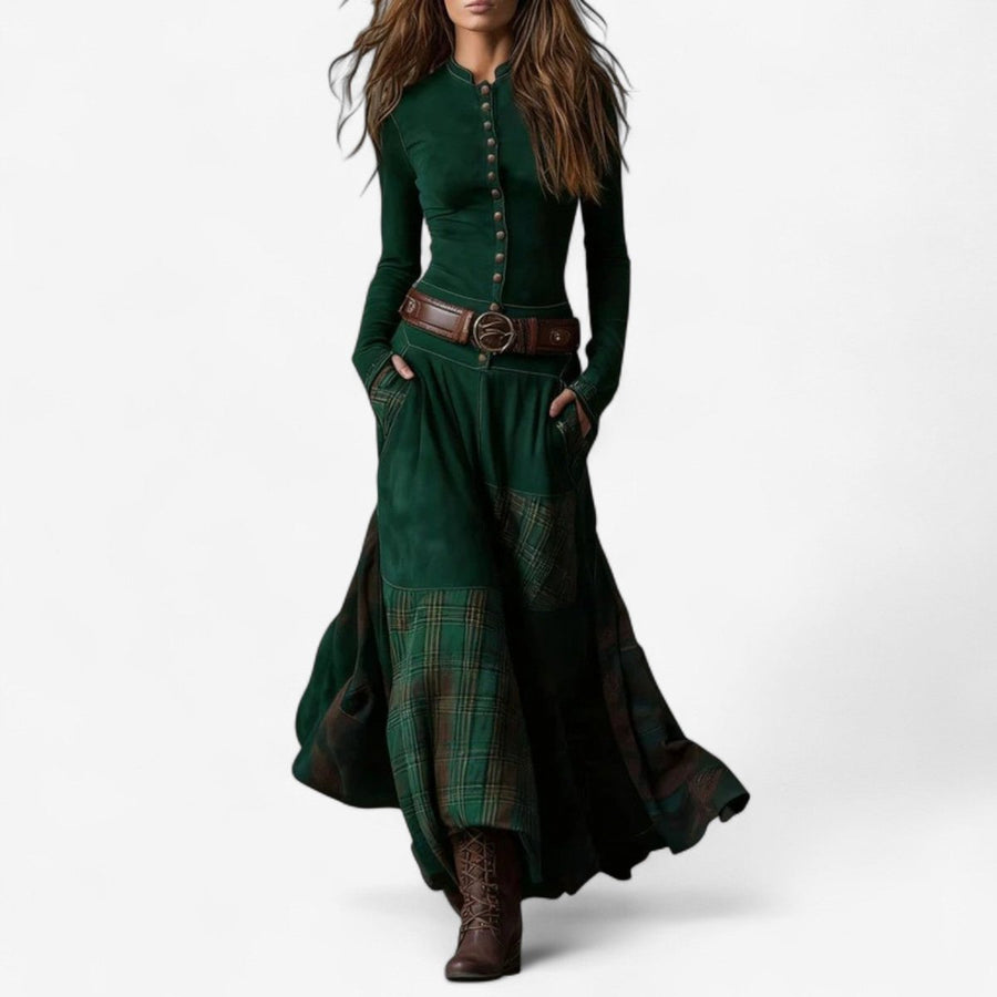 Lily | Women's Patchwork Plaid Maxi Long Sleeve Dress Button-Front