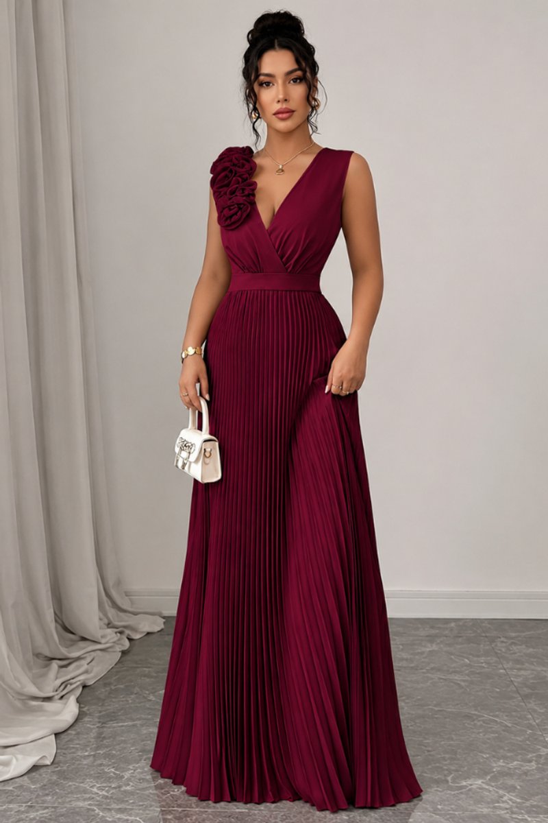 Victoria | Women's Pleated Sleeveless Floral Applique A-Line Evening Gown