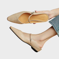 Grace | Women's Pointed-Toe Leather Mary Jane Buckle Strap Flat Mules