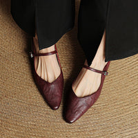 Grace | Women's Pointed-Toe Leather Mary Jane Buckle Strap Flat Mules