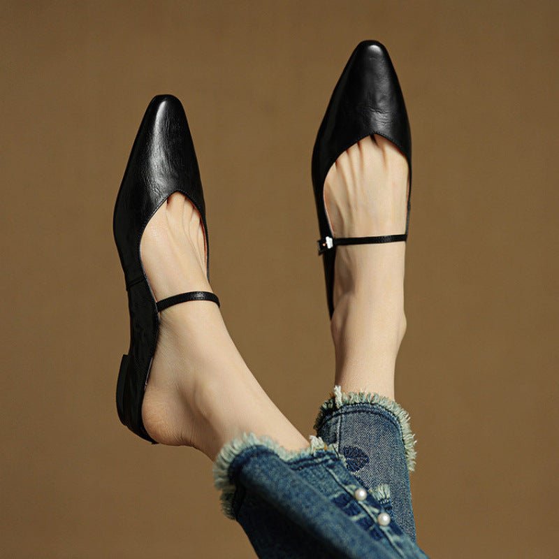 Grace | Women's Pointed-Toe Leather Mary Jane Buckle Strap Flat Mules