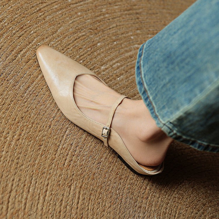 Grace | Women's Pointed-Toe Leather Mary Jane Buckle Strap Flat Mules