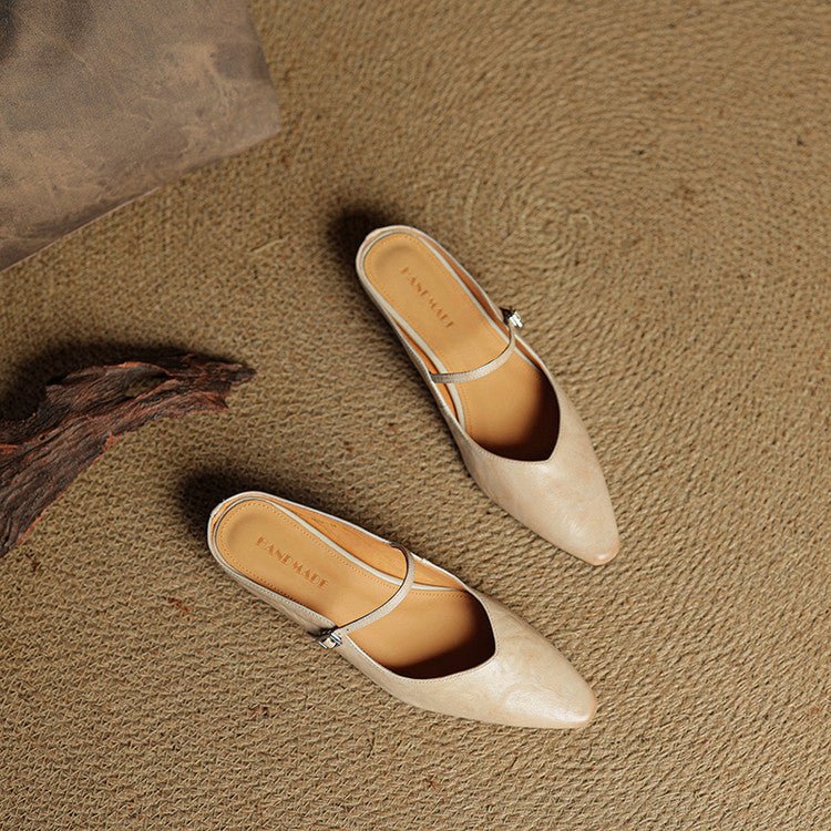 Grace | Women's Pointed-Toe Leather Mary Jane Buckle Strap Flat Mules