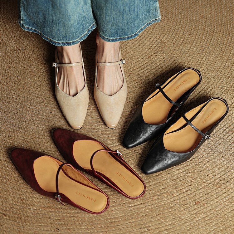 Grace | Women's Pointed-Toe Leather Mary Jane Buckle Strap Flat Mules